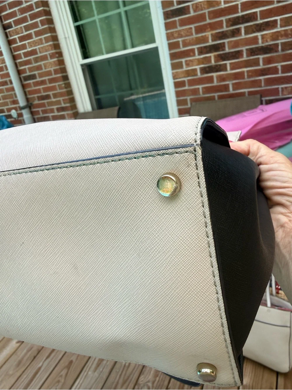 kate spade Two-Tone Pebbled Leather Satchel in Cream and Black